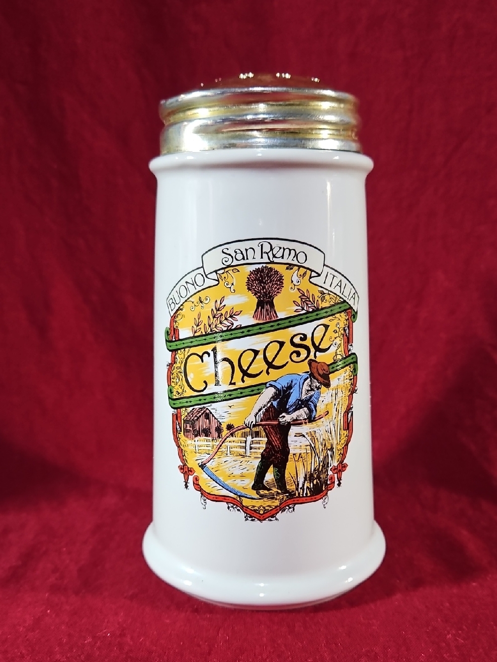 Ceramic Parmesan Cheese Canister Shaker with San Remo Italia Farm Scene
